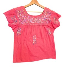 Mexican Oaxaca Blouse Pink Pastel Embroidery Handmade Hippie Boho Floral Sz L