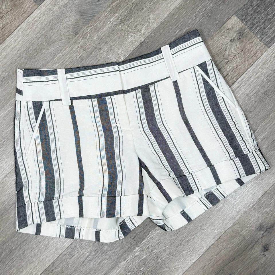 Express Midi Shorts Women Size 0 White Grey Striped Cuffed Linen Blend Dressy - Image 3 of 4