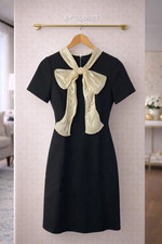 GUCCI Ribbon Black Wool Short Sleeve Dress Classic Design Womens 38 Italy