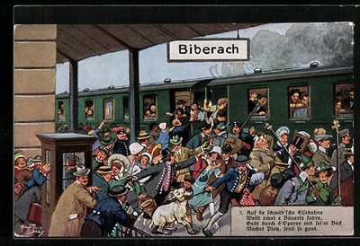 Künstler-AK Arthur Thiele: Auf de schwäbsche Eisebahne - Menschen stürmen zum Z 