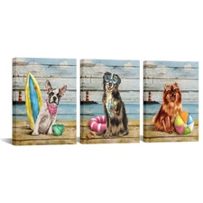 Beach Dog Canvas Wall Art Colorful Animal Picture Prints for Kids Room Bedroo...