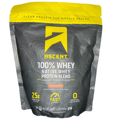 Ascent 100% whey native whey protein blend chocolate 16oz
