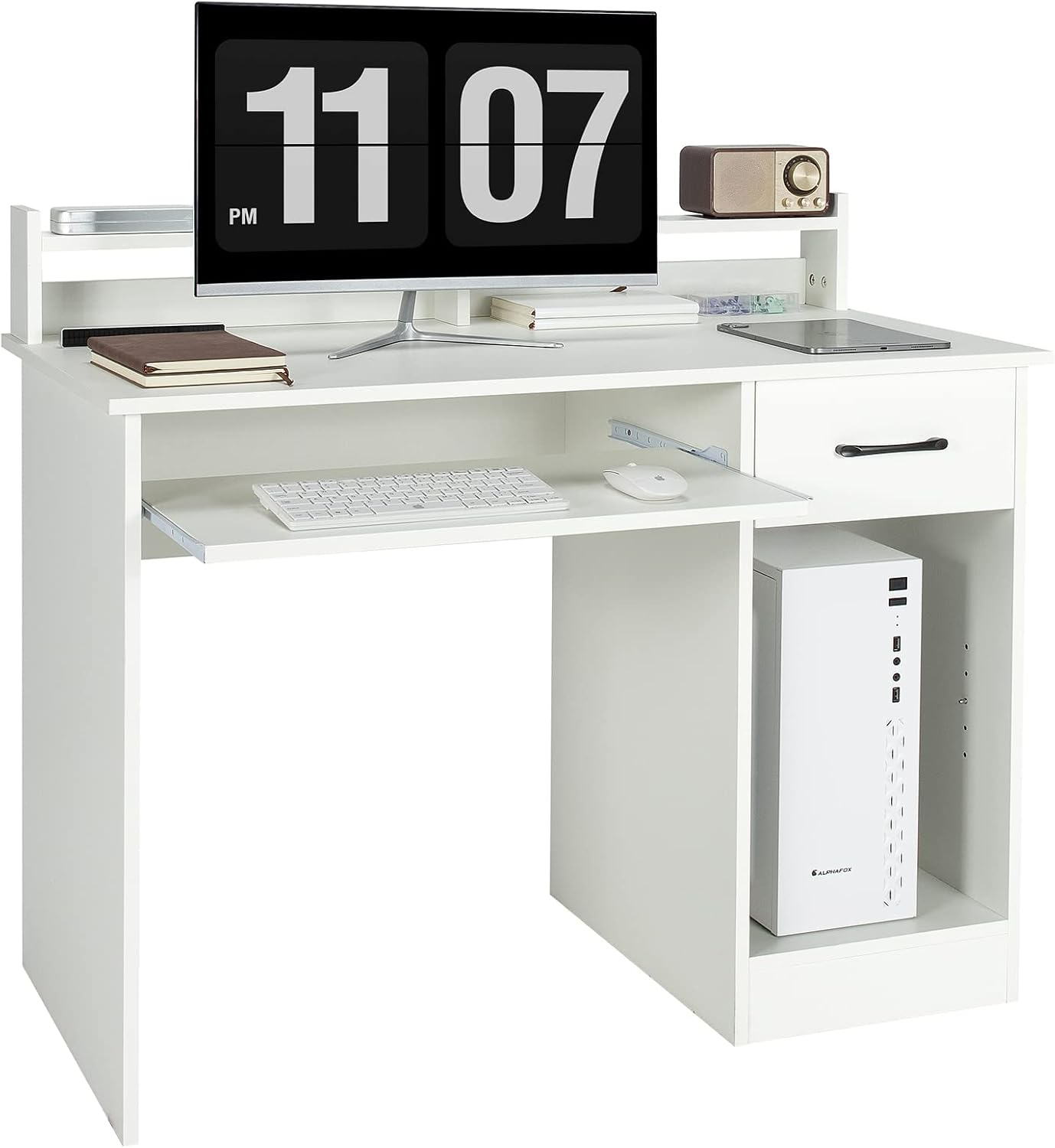 Computer Desk Storage Shelf Drawer Keyboard Tray Study Workstation Office White