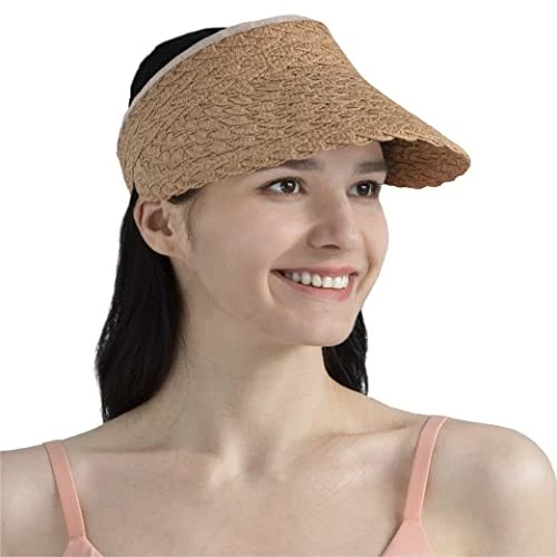 SUN CUBE WOMEN SUN VISOR HAT STRAW BEACH HAT WIDE BRIM UV PROTECTION BROWN