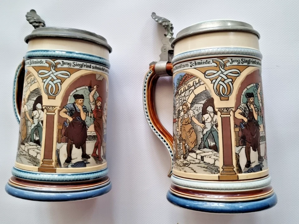 V&B Krug Mettlach Alt Nr.2394 Scene Jung Siegfried 2 Krüge - Bild 2 von 4