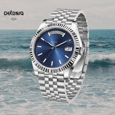 Automatic Day-Date Watch Ocean Blue Dial Fluted Bezel Steel 40mm Jubilee NH36