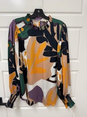 Medium Jodifil Artsy Top Colorful Blouse High Neck Smocked Cuffs Cottage Nice A6
