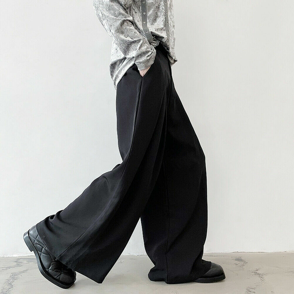 Mens Wide Leg Pants Loose Gothic Kendo Hakama Bootcut Skirt Trousers Pocket