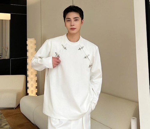 Men's Fashion Round Collar Metal Decor Long Sleeve Loose Casual T-Shirt Party - Picture 10 of 18