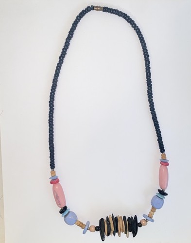 Vintage 80s Wood Bead and Stone Chip Statement Piece Necklace Pastels & Black - Picture 10 of 11