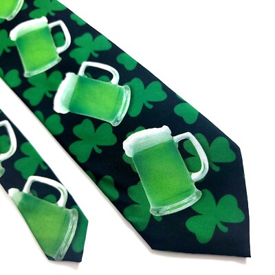 Ralph Marlin Polyester St. Patrick's Day Green Beer Print Shamrock Short Tie