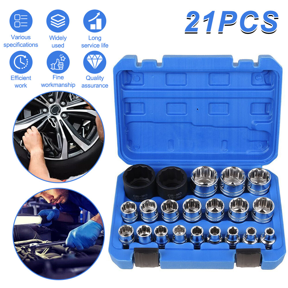 21PCS 1/2"" Drive Universal Spline Socket Set 12-point 8-36mm CR-V Metric Socket