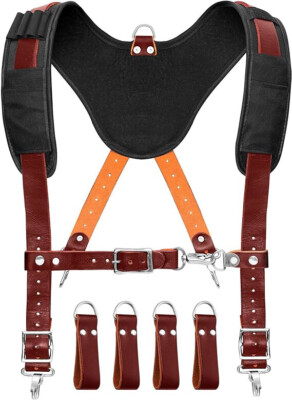 Leather Tool Belt Suspenders Padded with 4 Detachable D-Loop for