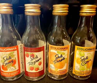 STOLI Vodka 4 EMPTY Miniature BOTTLES Ohranj Razberi Persik Citros No CONTENTS
