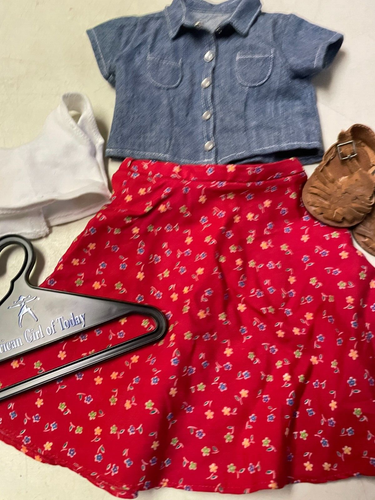 AMERICAN GIRL DOLL VINTAGE 5 PC PLAY OUTFIT FLORAL SKIRT DENIM SHIRT SANDALS - Picture 2 of 4
