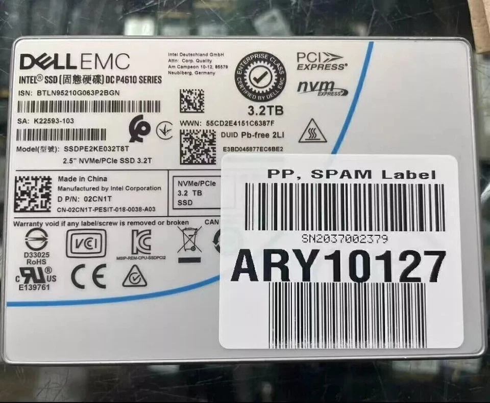 DELL EMC INTEL P4610 3.2TB SSD U.2 NVME PCIe 02CN1T SSDPE2KE032T8T