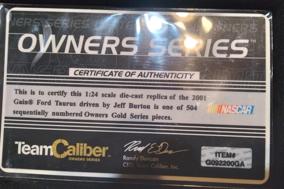 罕见 NASCAR 1:24 压铸 #9 杰夫·伯顿 CALIBER-OWNERS 仅黄金 504 生产! — 第 3/4 张图片