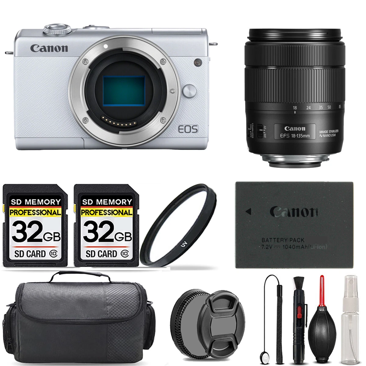 Canon EOS M200 Camera (White) + 15-45mm IS STM Lens (Graphite) +UV