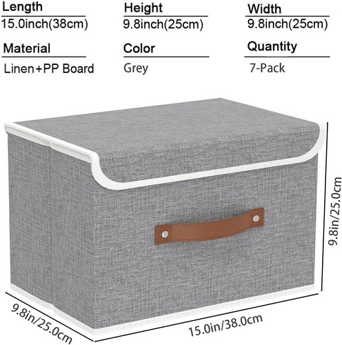 7-Pack Collapsible Storage Bins, Fabric Boxes with Lids & Leather Handles, Grey - Picture 4 of 8