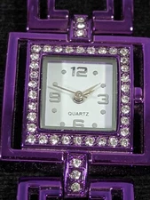 White Dial Crystal Accent Square Purple Case Art Deco Band Watch 6.5 Inch