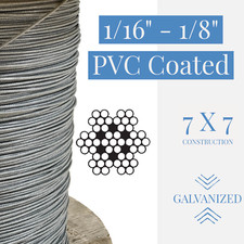 1/16" to 1/8" PVC Coated Clear Color Galvanized Cable 7x7 Strand Aircraft cable