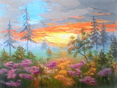 Original Oil Painting Forest Artwork Sunset Landscape Small Painting 8x10in