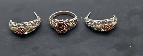 Coleman Co. Black Hills 12k Gold & Sterling Rose Flower Ring Sz5 With Earrings