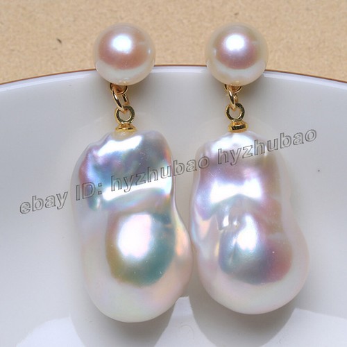 Enormes aretes colgantes de oro de perlas barrocas blancas naturales de agua dulce de 15-20 mm AAA - Imagen 5 de 5