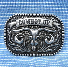 Cowboy Up Western Steer Skull Dress Belt Buckle Floral Scroll Vtg    .CPA635