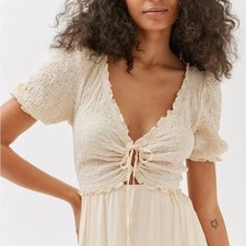 Urban Outfitters Beige Textured tie front cut out bohemian mini dress