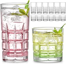 Bulk Drinking Glasses Set of 12, Clear Glass Cups, Mixed Glassware Sets, 15 OZ L