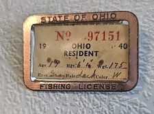 Vintage 1940 State of Ohio Fishing License in Metal Frame Badge Pinback