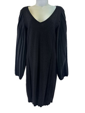 WHBM Luxe Sweater Knit Dress Black Pleated Balloon Sleeves V-Neck Romantic Vamp