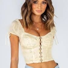Princess Polly Crop Top Womens 8 Cream Floral Daisy Corset Milkmaid Puff Sleeve