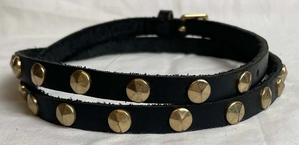 Vtg J Crew Studded Skinny Belt Womens Sz L Black Genuine Leather Brass Hardware - Image 2 of 4