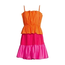 Chloe + Rene M NEW Orange & Pink Colorblock Sleeveless Tiered Poplin Mini Dress