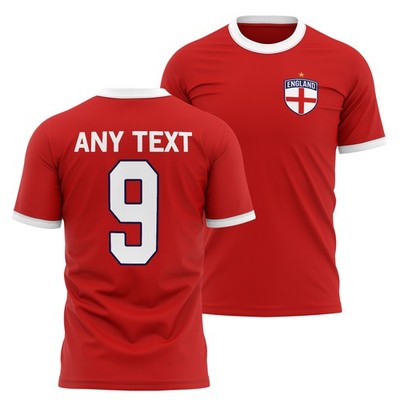 England Away Herren Ringer T-Shirt Custom Name Nummer England Abzeichen Rot Weiß F...