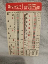 1 Vintage STARRETT Tap Drill Size Decimal Equivalents Pocket Card Chart USA