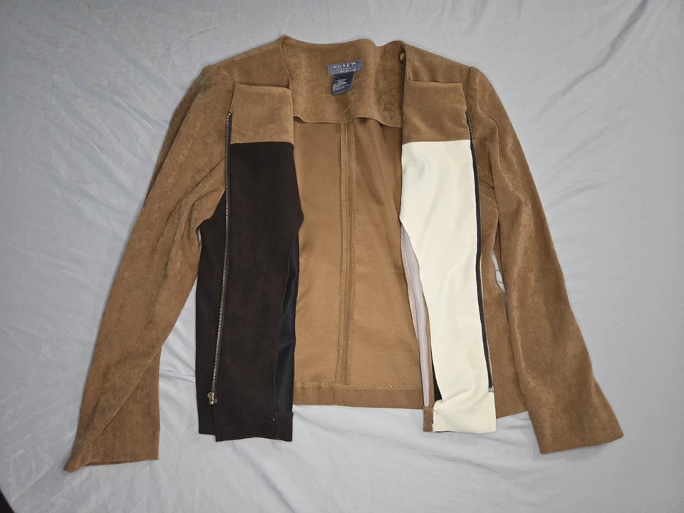 Корет женщин искусственной замши цвет блок Blazer куртка 14P коричневый желтовато-коричневый молнии спереди EUC - Изображение 4 из 4