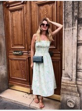 H&M HM SMOCKED BODICE 100% COTTON DRESS Light Green Floral or Cream LEMONS