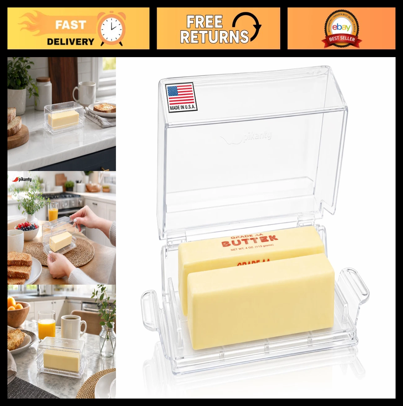 Airtight Butter Dish with Hinged Lid - Large Plastic Container for Fridge & Coun