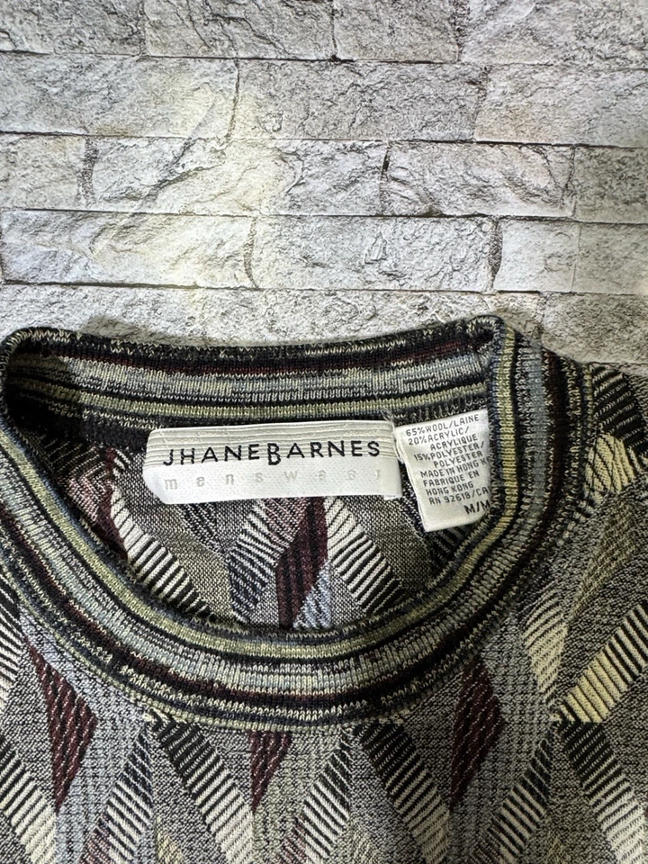 Jhane Barnes M Mediano Verde Crema Diamante Geo Patrón Mezcla Lana Suéter Vintage Foto 2 de 4