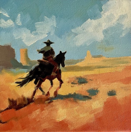 Western Oil Painting, The Southwest Rambler, 8x8 inches, Oil on Canvas, Original