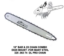 18" Chainsaw bar 2X Chain  Fits many Stihl, .325 .063 G 74 DL D025 Mt Laser 