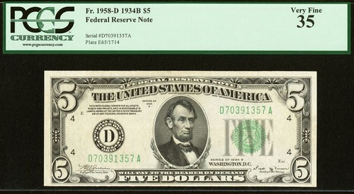 1934B $5 Federal Reserve Note PCGS 35 - Vinson Signature - Cleveland District - Picture 2 of 3