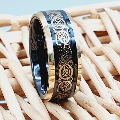 Men s Celtic Dragon Design Tungsten Wedding Ring   Yellow Gold Style Domed Band