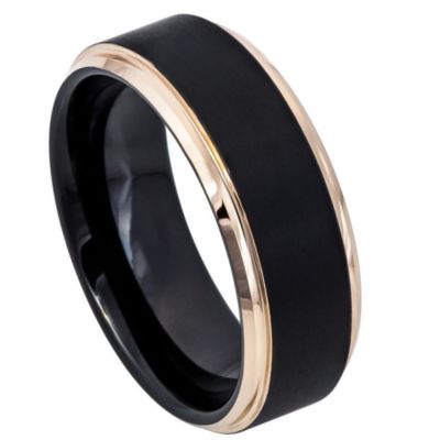 Tungsten Ring Unisex Two-Tone Black & Rose Gold IP Brushed Center Step Edge 