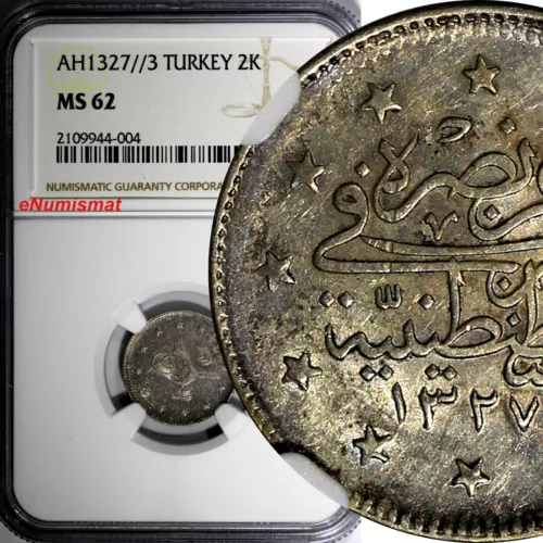 Turkey Mehmed V Silver AH1327//3 (1911) 2 Kurush NGC MS62 Toned KM# 749 (004)