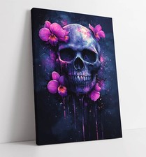 DARK BLUE SKULL WITH PURPLE FLOWERS FRAMED CANVAS WALL ART PICTURE PRINT