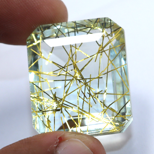 Certified Natural 83 Ct Radiant Cut Yellow Color Rutilated Quartz Loose Gemstone - Picture 5 of 6